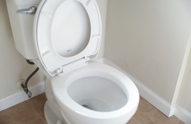 toilet white and clean in bathroom with lid up