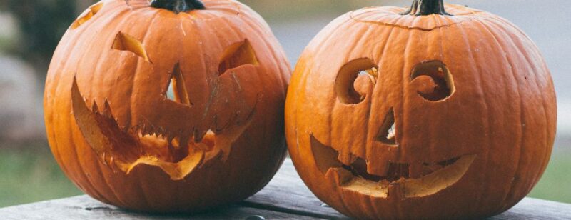 carved jack o lanterns resting on a wooden park bench outside in the fall