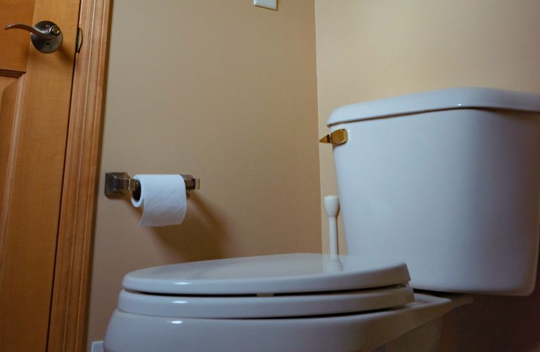 white toilet with gold handle and toilet paper roll in a bathroom next to the door