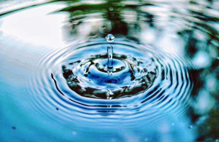 drop of water falling into a pond or lake with reflection of a green tree