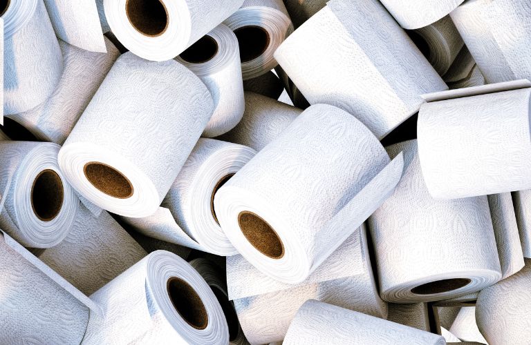 many toilet paper rolls in an unorganized pile