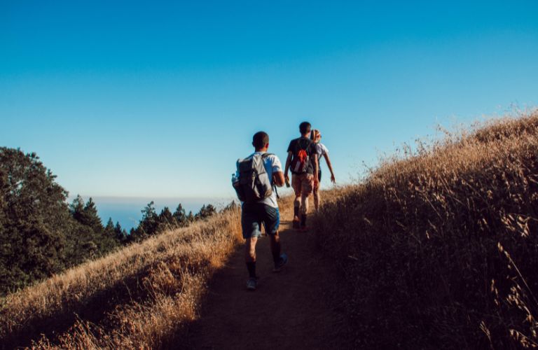 people walking on a trail on a hill with a view of the horizon