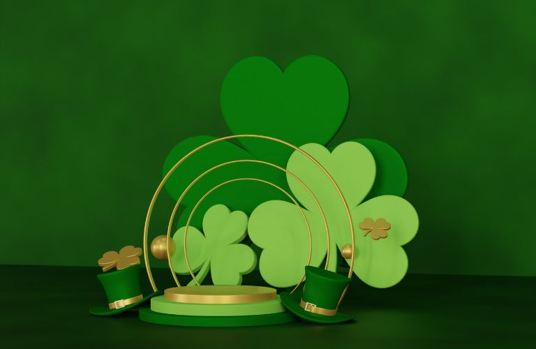 shamrocks, green hats and more on a green background st. Patrick's day iconography