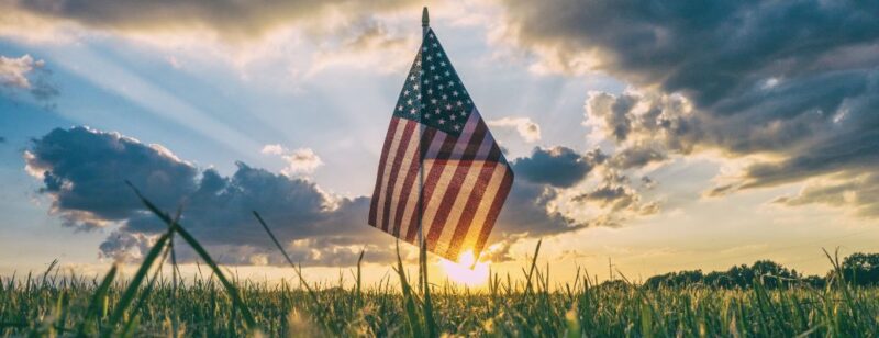 small American flag posted in the grass at sunset