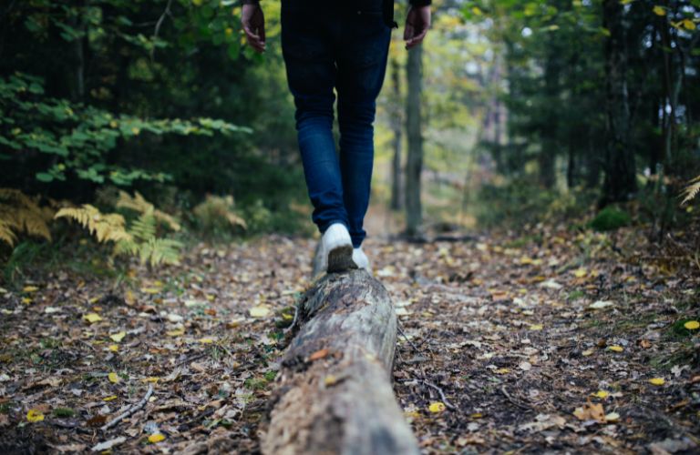 person walking on downed tree branch on a hiking trail