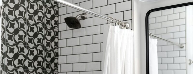 shower curtain and shower head in a modern bathroom