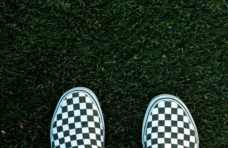 checkered shoes standing on dark green grass
